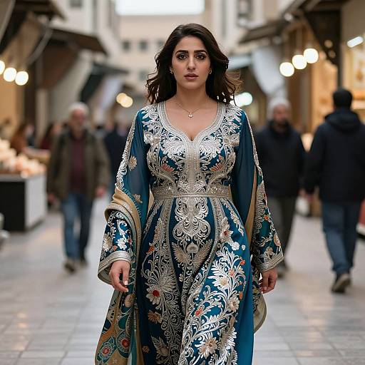 Photograph of a dark-haired woman in an elaborate blue floral embroidered dress, walking confidently down a bustling, lit street.