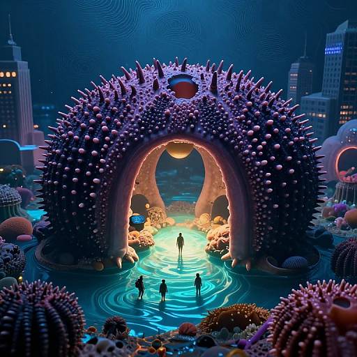 Digital artwork of a neon-lit, spiked archway over a glowing blue pond, surrounded by cacti and city skyscrapers at night.