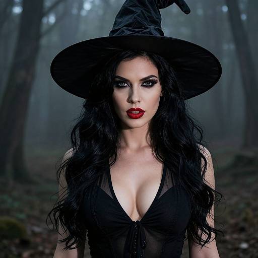 Photograph of a pale-skinned woman with long black hair, red lipstick, and black witch hat, wearing a low-cut black top, standing in