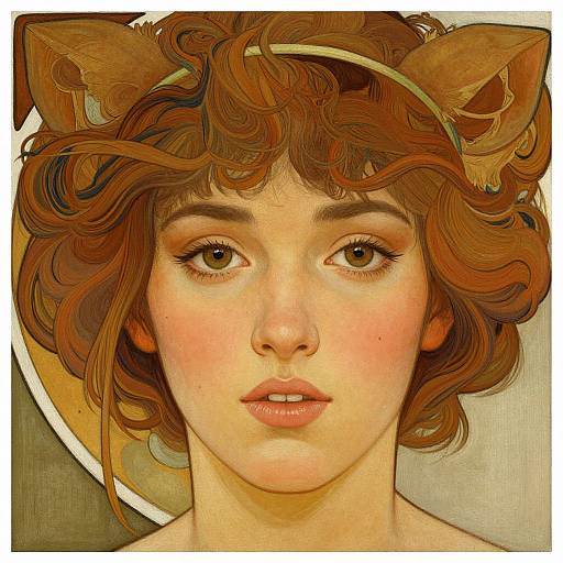 Digital painting of a young woman with curly auburn hair, cat ears, and large brown eyes, staring directly forward with soft, pink lips.