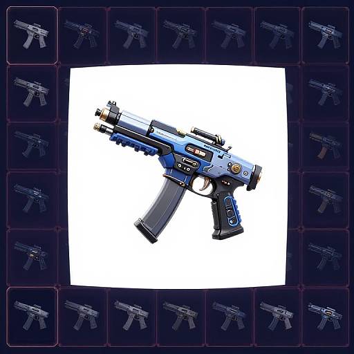 Digital illustration of a futuristic blue and black assault rifle with multiple attachments, centered on a white square background, surrounded by repeating dark blue gun icons.