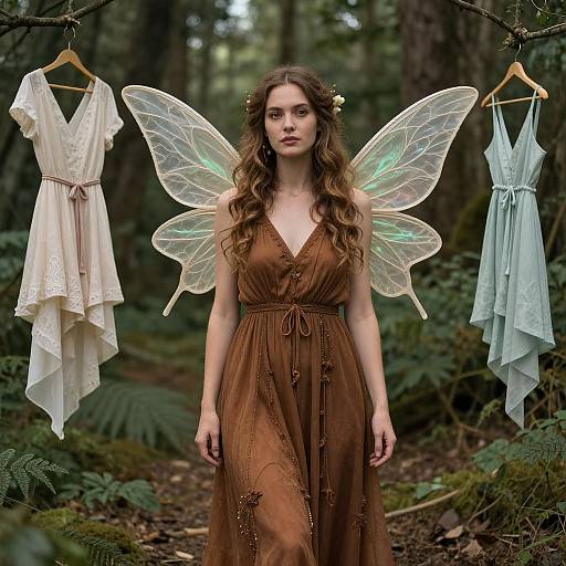 Photograph of a young woman with long, wavy brown hair, wearing a brown, V-neck dress and translucent fairy wings, standing in a forest