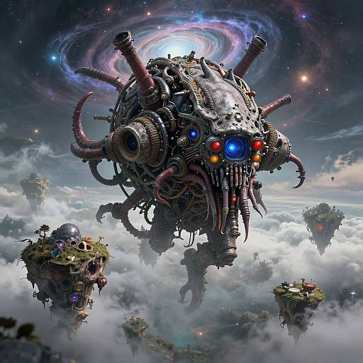 Digital art of a menacing, tentacled, robot-like spacecraft with glowing eyes, surrounded by floating islands in a starry, cloudy sky.