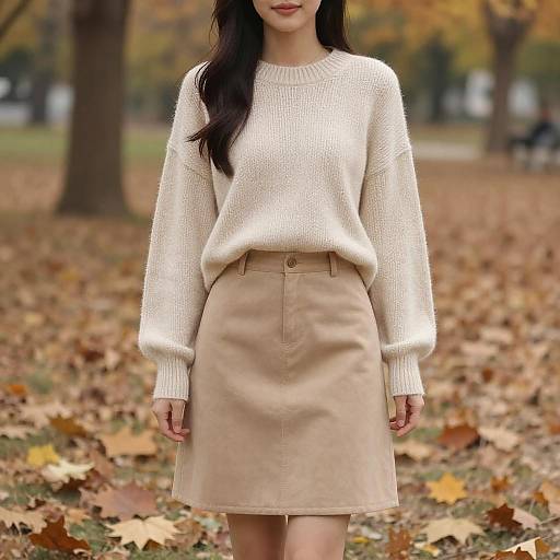 Photograph of a woman with long dark hair wearing a white knit sweater and beige skirt, standing in a park with fallen autumn leaves.