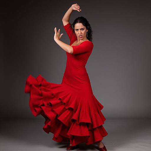 Photograph of a dark-haired woman in a vibrant red, ruffled dress, mid-flutter, arms raised, striking a dramatic, elegant pose against