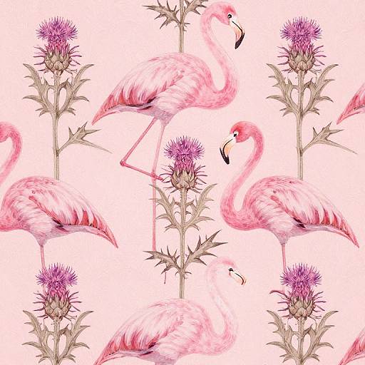 Digital illustration of pink flamingos with long necks and legs, standing among purple thistle flowers on a white background.