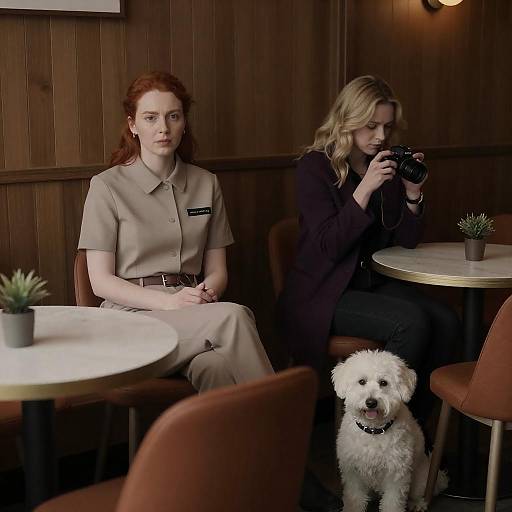 Two Women in Wooden Paneled Café with Dog