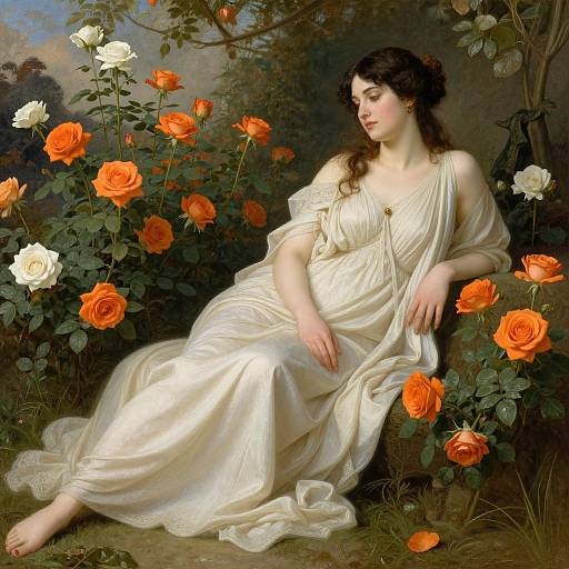 Classical painting of a fair-skinned woman with dark hair, wearing a white, flowing gown, reclining among vibrant orange and white roses.