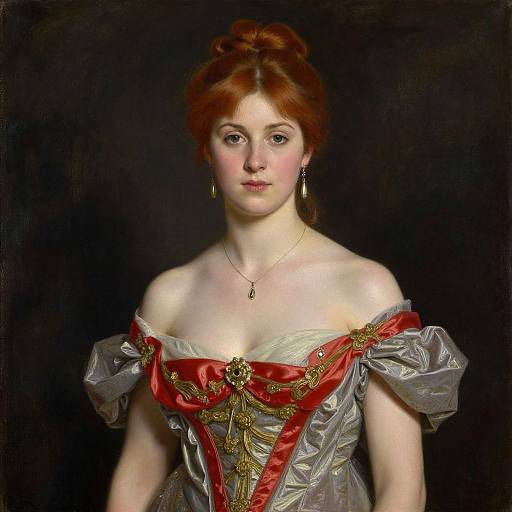 Photorealistic painting of a fair-skinned, red-haired woman in an off-the-shoulder silver gown with red and gold embellishments, dark