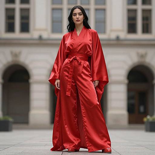 Photograph of a confident woman with long black hair, wearing a vibrant red satin kimono-style robe with wide sleeves, standing in front of a historic