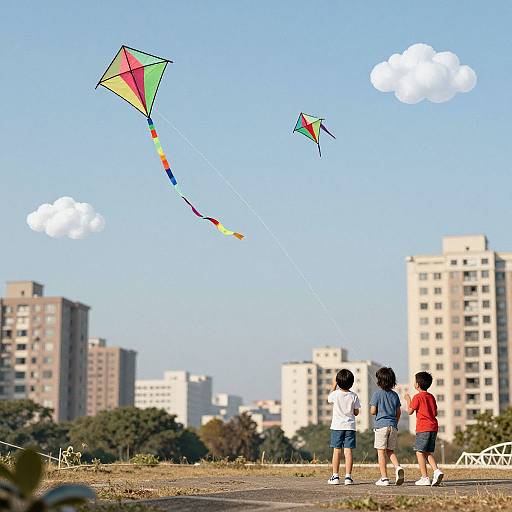 Photograph of two children flying colorful kites in a park with city buildings, clear blue sky, and fluffy white clouds.