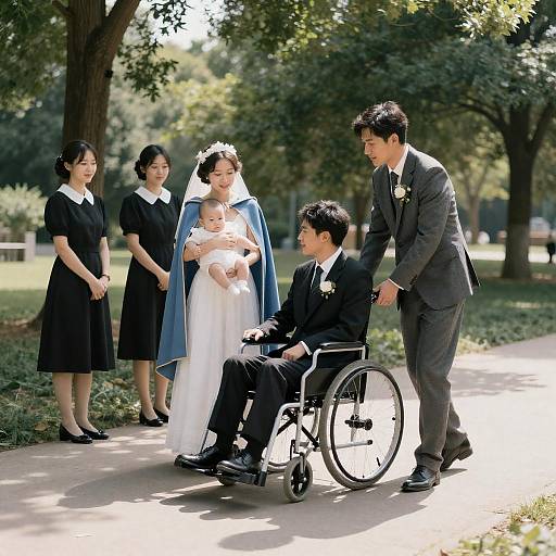 Vintage-Style Outdoor Wedding with Bride, Groom, and Wheelchair