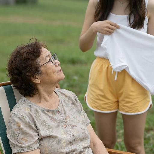 Elderly Woman Sitting Outdoors with Younger Woman Holding Shirt