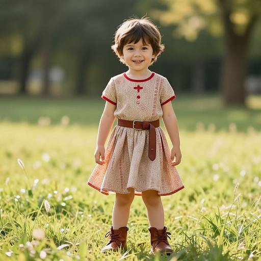 Photograph of a smiling young girl with short brown hair, wearing a red-trimmed white dress, brown belt, and brown shoes, standing in
