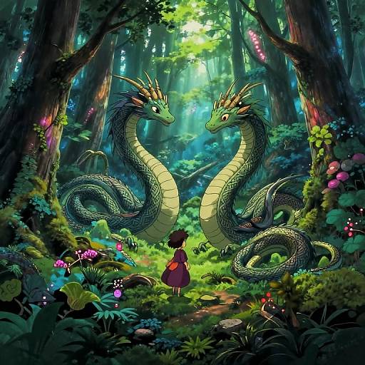 Digital fantasy artwork: A young girl in a red dress faces two vibrant, green dragon serpents with golden horns in a mystical forest filled with glowing