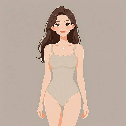Digital anime-style drawing of a smiling, fair-skinned woman with long black hair, wearing a white, ribbed, one-piece swimsuit, against