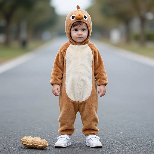 Photograph of a toddler in a brown and beige dinosaur onesie, white sneakers, standing on an empty, tree-lined road with a peanut on the