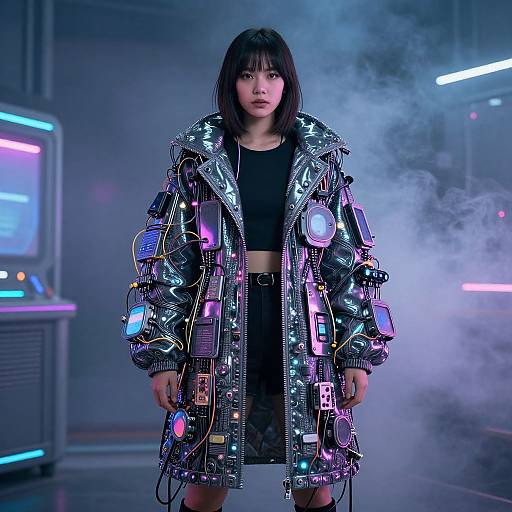 Cyberpunk photograph: Asian woman with black bob hair, wearing a metallic, neon-lit jacket, black crop top, and skirt, stands in