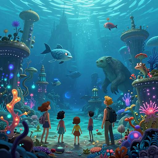 Digital illustration of a vibrant underwater city with colorful coral, jellyfish, and marine life. Four children and an adult stand in awe, surrounded by towering