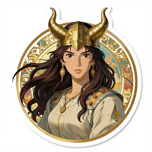 Digital illustration of a fierce, fair-skinned woman with long black hair, wearing a gold horned helmet, ornate white dress, and gold jewelry
