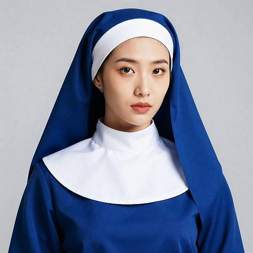 Photograph of an Asian woman with fair skin, wearing a traditional navy blue nun's habit with a white coif and collar, against a plain light