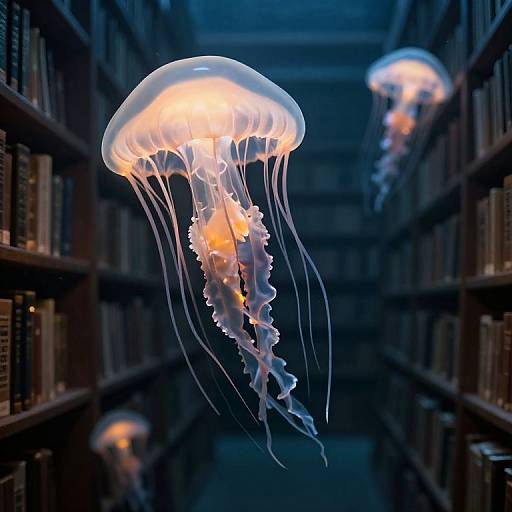 Photograph of glowing jellyfish floating in a dimly lit, narrow library aisle filled with bookshelves, creating a surreal, underwater atmosphere.