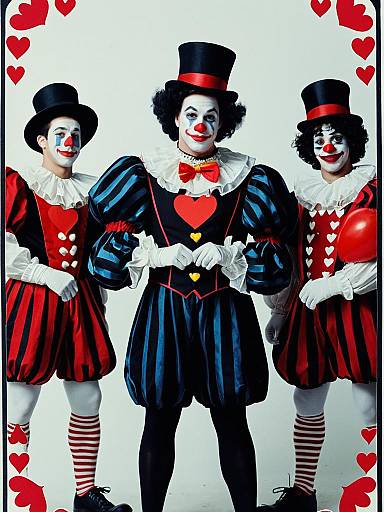 Group of Male Clowns in Queen of Hearts Costumes