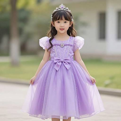 Photograph of an Asian girl with long black hair, wearing a lavender princess dress, white puffed sleeves, silver tiara, and large bow,