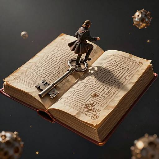 A miniature Victorian man in a coat and hat stands on an open book with maze patterns, a large key beneath him, floating against a dark, star