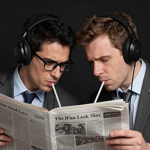 Two Men Wearing Headphones Reading Newspaper