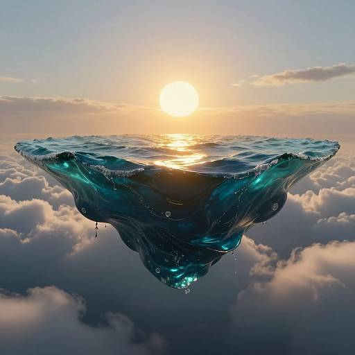 Photorealistic CGI of a floating, wave-like iceberg with glowing blue hues, surrounded by fluffy clouds, set against a radiant sunset sky.