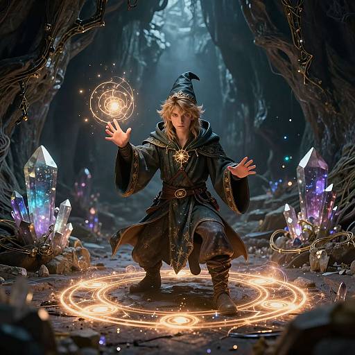 Young Wizard Apprentice in Mystical Cave