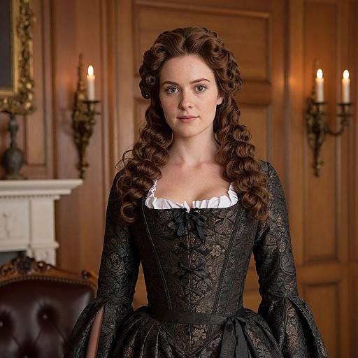 Photograph of a fair-skinned woman with curly brown hair in a black lace 18th-century dress, standing in a warmly lit, wooden-pane