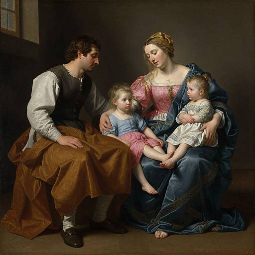 Renaissance-style oil painting of a family: mother in blue dress, father in brown vest, daughter in pink, baby in white, seated against