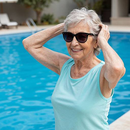 Photograph of an elderly woman with short gray hair, wearing black sunglasses and a light blue tank top, smiling by a bright blue pool.