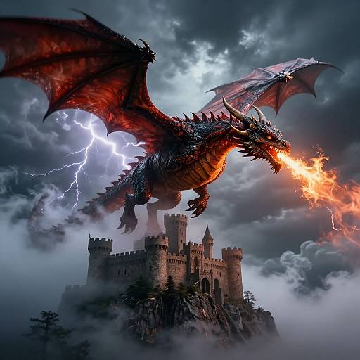 Majestic Dragon Over Medieval Castle