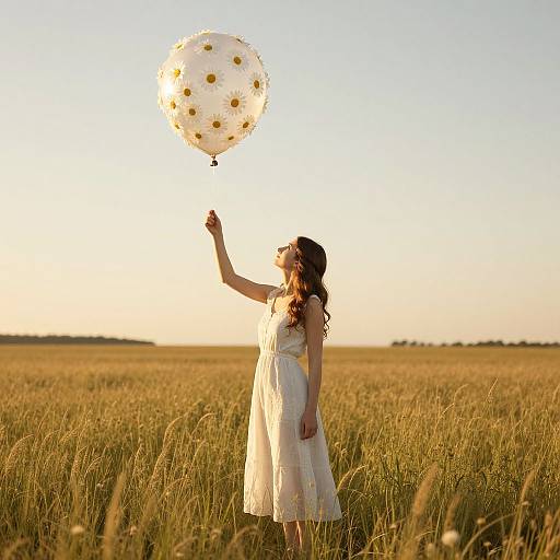 Photograph of a young woman in a white, floral dress, standing in a golden wheat field, gently touching a white balloon with yellow daisy patterns