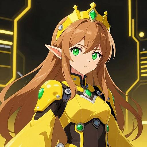 Digital anime-style illustration of a brown-haired, green-eyed elf woman with a golden crown, wearing yellow and black armor with green gems, in a futuristic