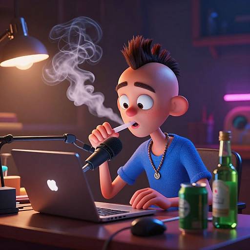CGI cartoon of a pimpled, spiky-haired boy smoking a cigarette while typing on a MacBook, surrounded by drinks and a microphone.
