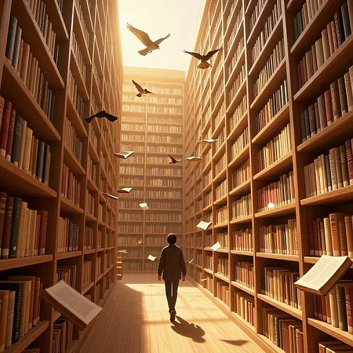 Photograph-like digital art of a lone figure in a sunlit, towering library aisle, surrounded by flying birds, with bookshelves on both sides