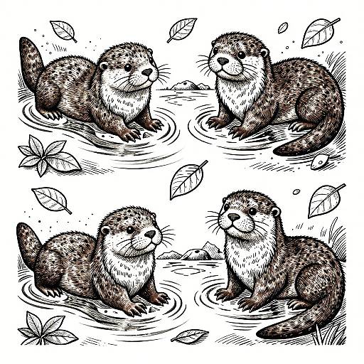 Playful Otters Etching Coloring Page