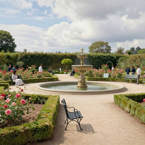 Photograph of a sunny garden with a central stone fountain, surrounded by blooming roses, manicured hedges, and people in white attire. Black