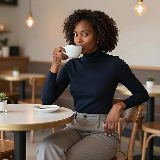 Woman Drinking Coffee at Café Table