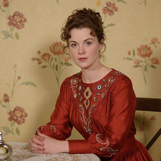 Photograph of a fair-skinned woman with curly brown hair, wearing a red embroidered dress, sitting at a table against a floral wallpaper background.