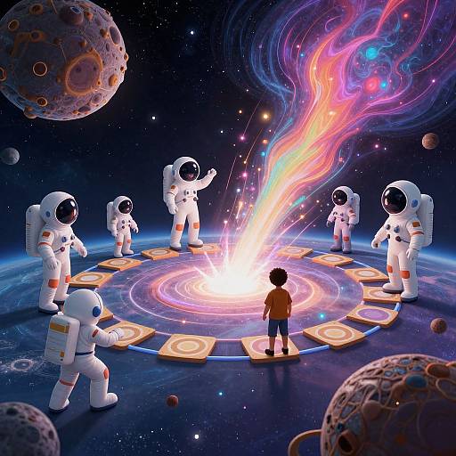 Digital artwork: Five astronauts in white spacesuits surround a young child standing on a glowing, circular platform in space, with colorful energy waves emanating from