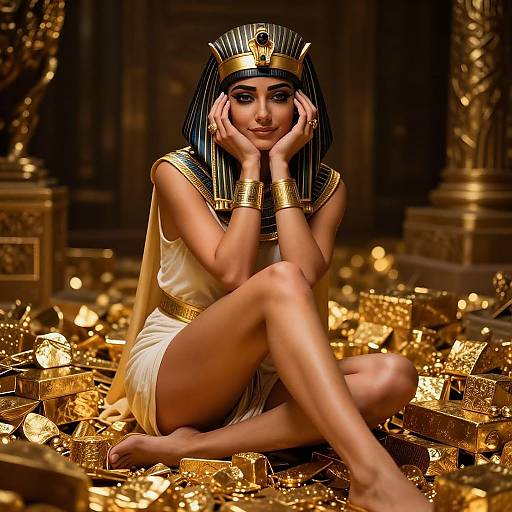Digital artwork of a beautiful, dark-skinned woman with Egyptian attire, gold headpiece, and bracelets, sitting among glowing golden treasures in a dimly