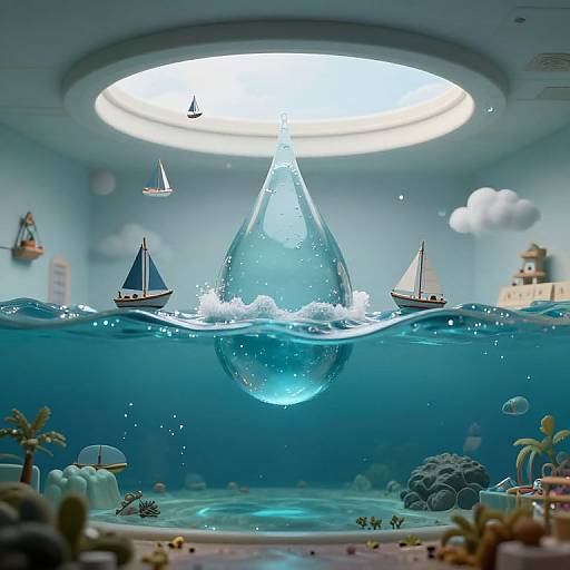 Photorealistic digital artwork: underwater scene with two sailboats, a giant water droplet, ocean floor with coral, plants, and castle, above