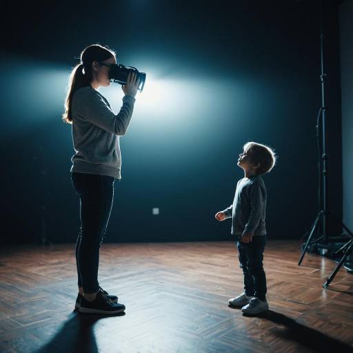 Mother Using Vintage Film Camera with Child in Studio