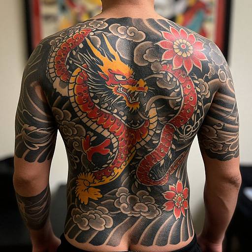 Photograph of a tattooed man from behind, featuring a vibrant red and yellow dragon with floral patterns and clouds on his back and arms.