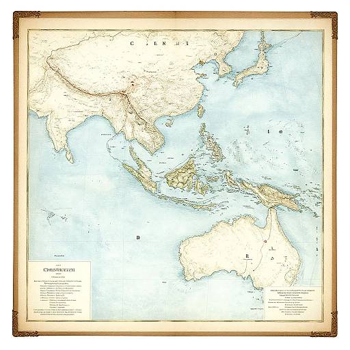 Vintage-style map of Asia and Australia with a beige border, highlighting countries, oceans, and labeled regions, in a detailed, colored illustration.